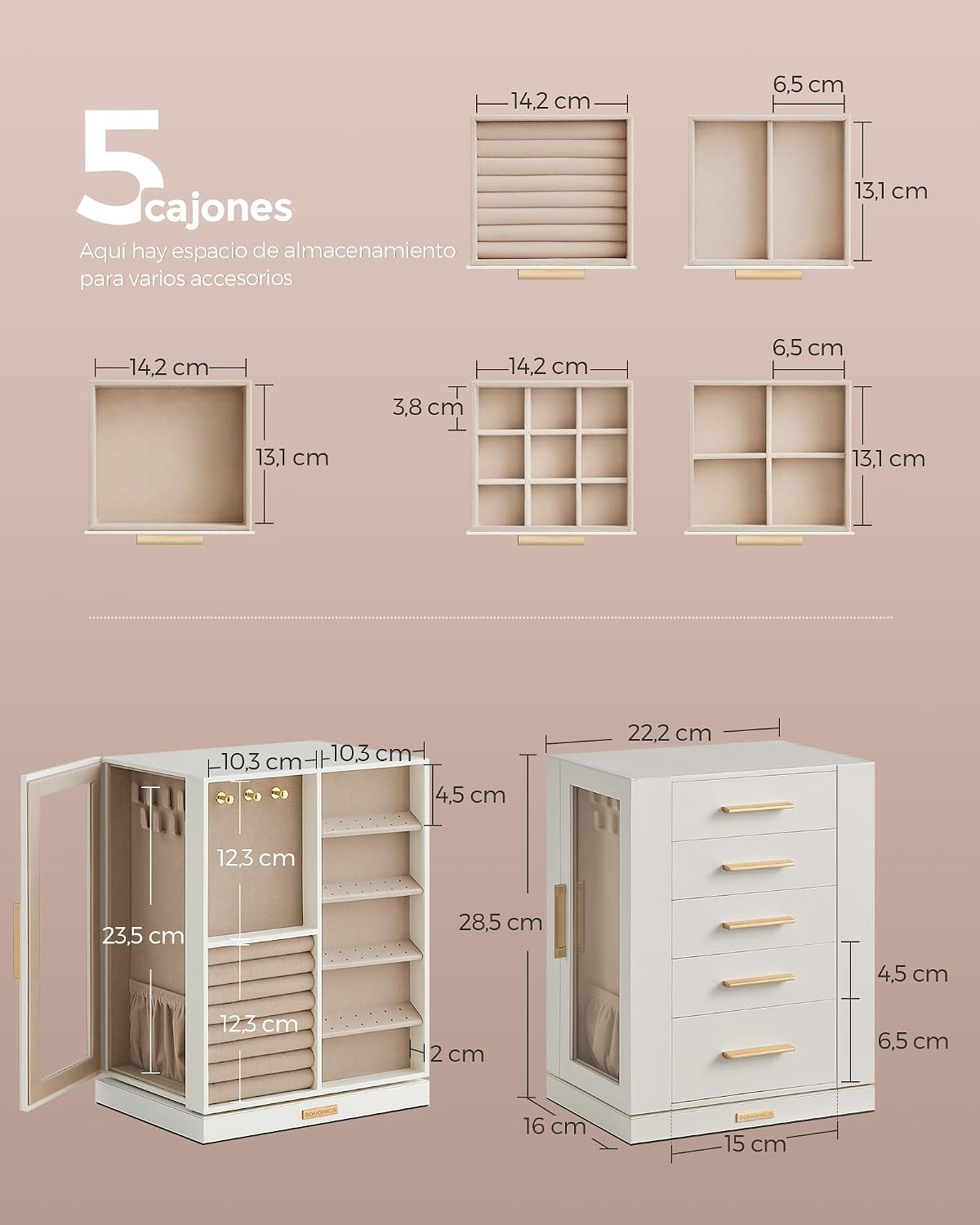 Detalle 2 de SONGMICS Colección GISELLA: Caja Joyero Giratorio 360° JBC170W01, 5 Cajones y Ventanas de Cristal