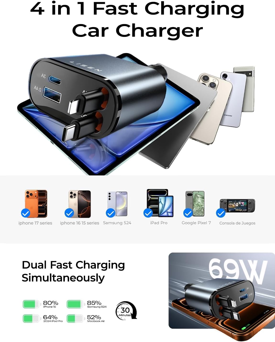 Thumbnail 6 de LISEN Retractable Car Charger: 50-Inch 4-in-1 USB-C Car Charger with 69W Power