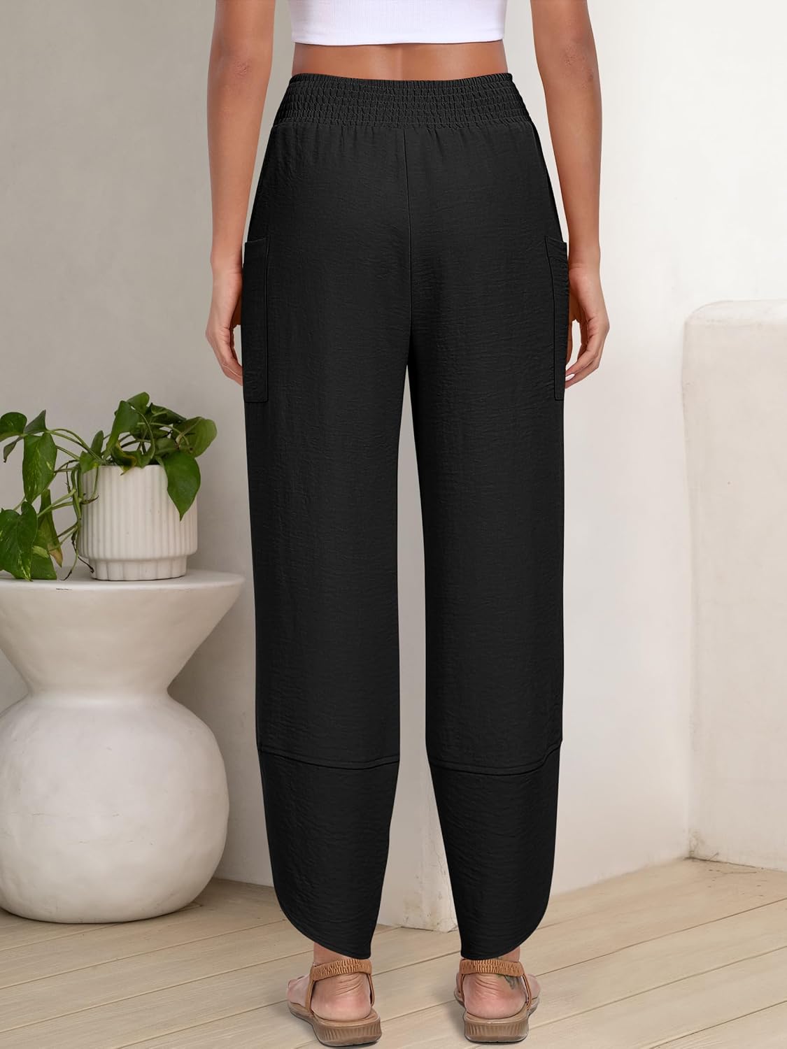Detalle de ANRABESS Women’s Capri Palazzo Wide-Leg Pants with Smocked High Waist