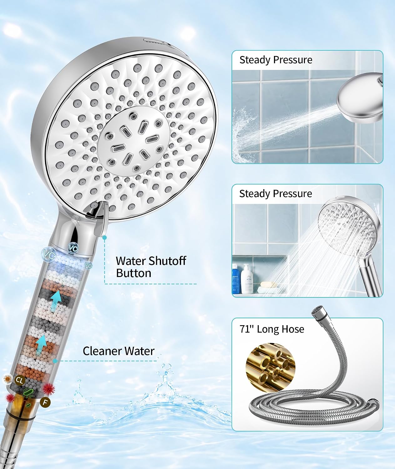 Detalle 2 de SR SUN RISE Filtered Shower Head with Handheld High Pressure, 9-Spray Modes & Detachable Design (Chrome)
