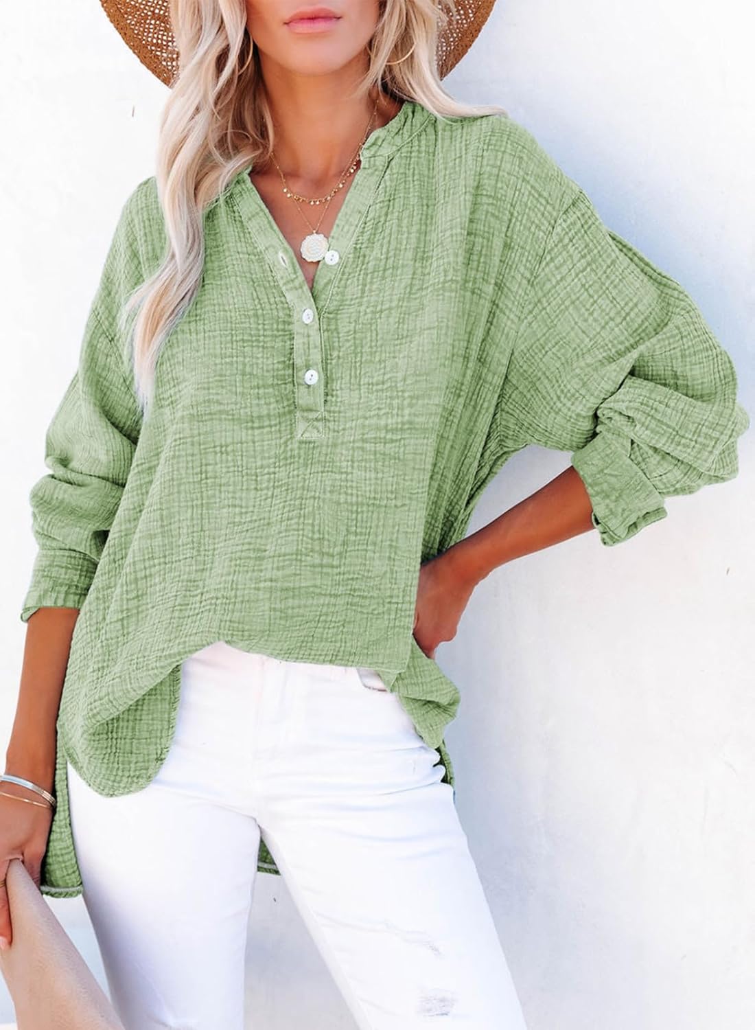 Thumbnail 3 de Dokotoo Women's Casual Button V-Neck Long Sleeve Oversized Solid Blouses Tops