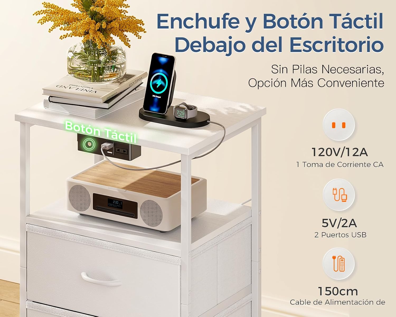Thumbnail 3 de Coleshome Mesita de noche con USB y LED 40x30x70 cm