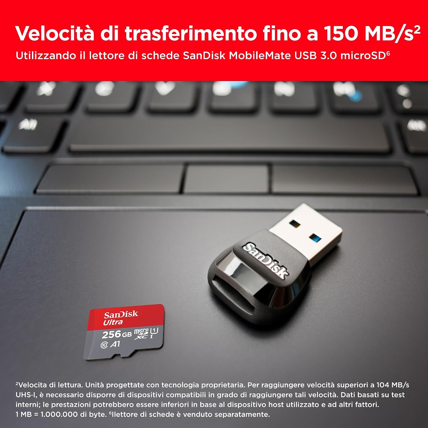 Detalle de SanDisk Ultra microSDXC 256GB con adattatore SD: velocità fino a 150 MB/s e prestazioni A1