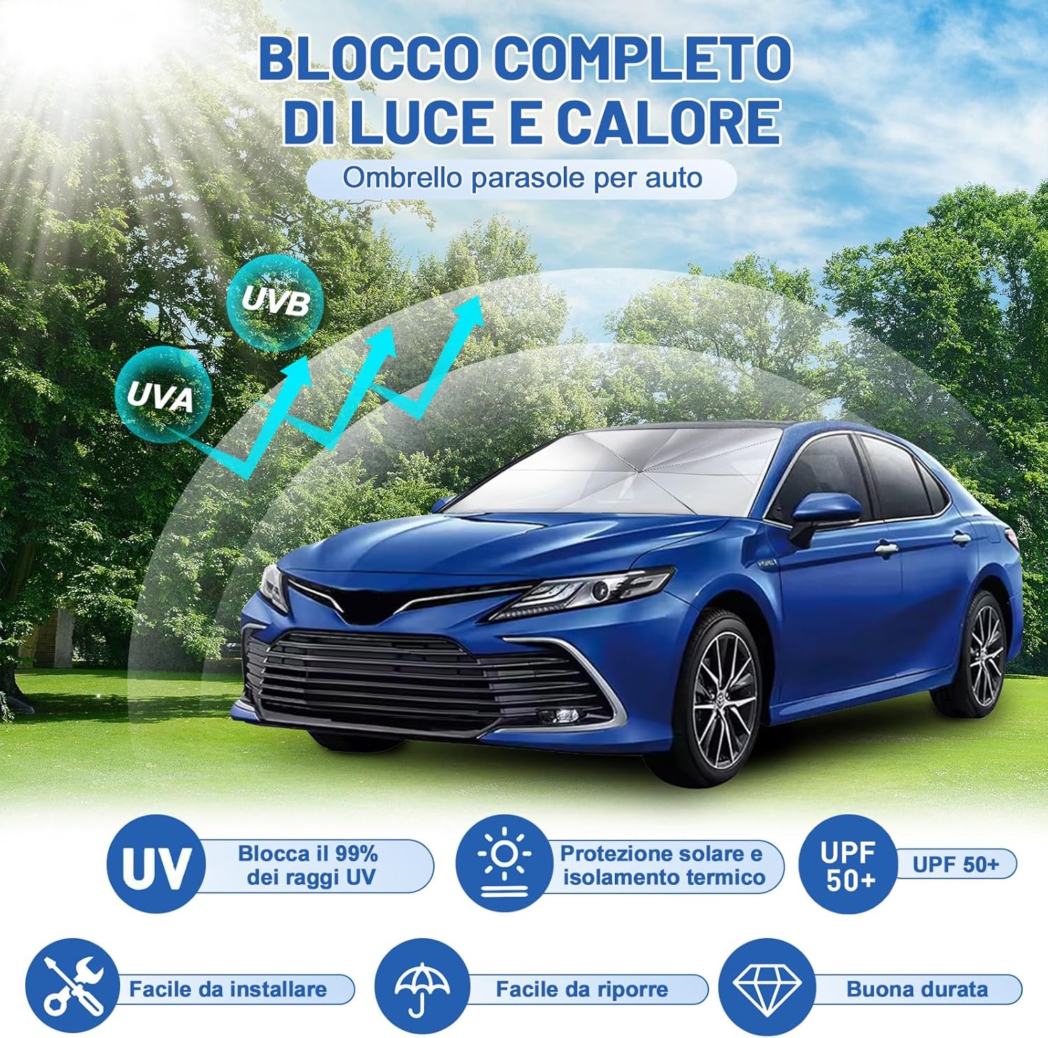 Thumbnail 1 de Beurseaf Parasole Auto Parabrezza pieghevole tipo ombrello, universale (140 x 80 cm), blocco UV fino al 98,7%