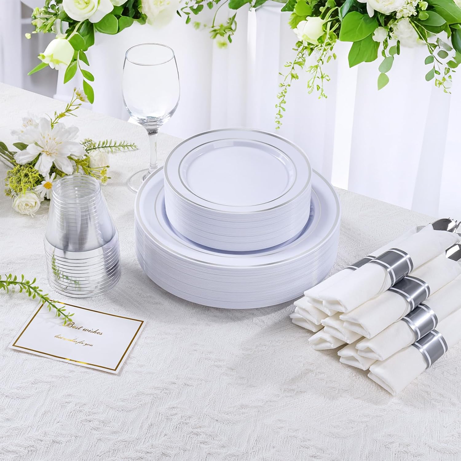 Thumbnail 2 de DaYammi 350-Piece Silver Plastic Dinnerware Set for 50 Guests (Disposable Plates, Cups & Pre-Rolled Napkins)