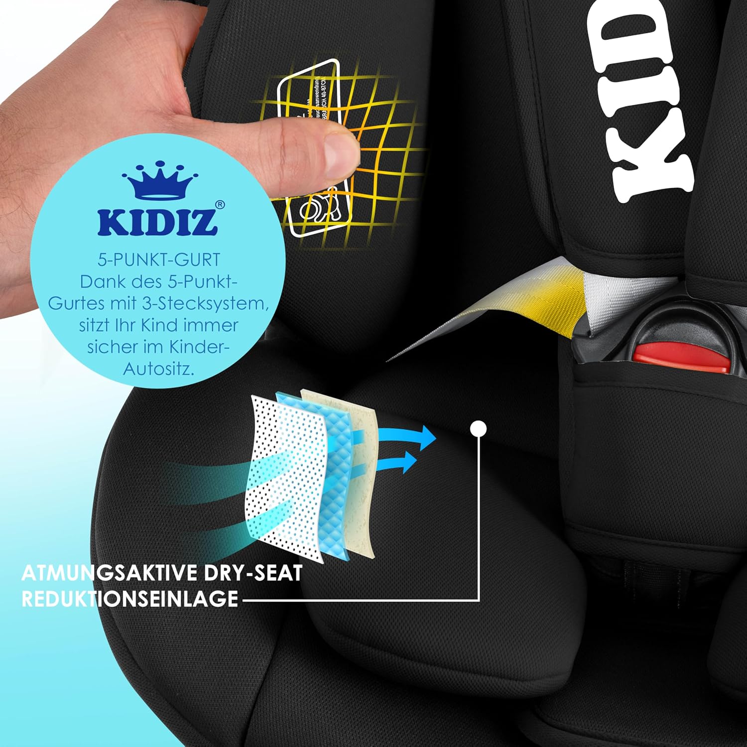 Thumbnail 3 de KIDIZ Autokindersitz mit ISOFIX i-Size R129 (100–150 cm) bis 12 Jahre, 5-Punkt-Gurt, höhenverstellbare Kopfstütze – Schwarz
