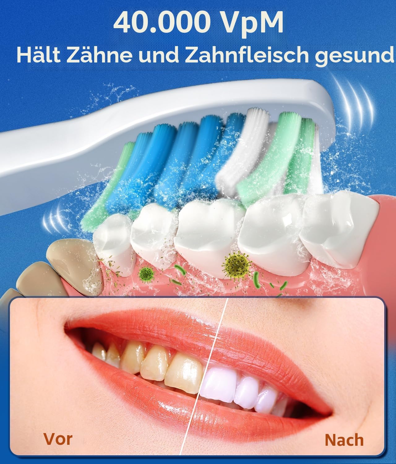 Detalle de Demita elektrische Schallzahnbürste mit 8 Bürstenköpfen, 5 Modi und Timer