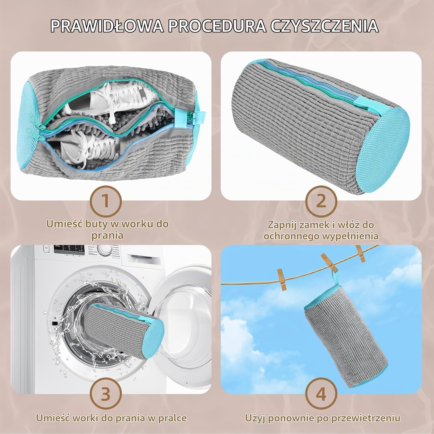 Detalle 1 de FOREDOO SS-WB-Grey-01 – szary worek do prania butów 2 w 1, czyszczenie 360°