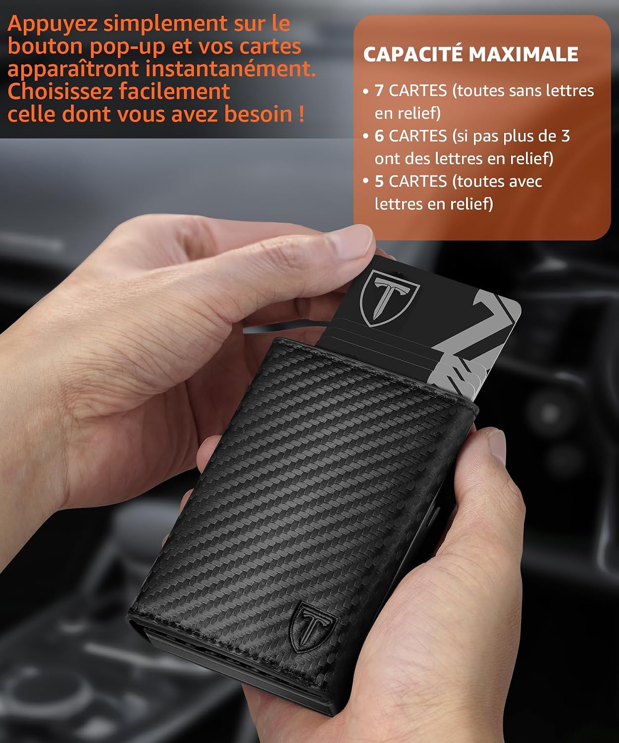 Detalle de Portefeuille Homme en Fibre de Carbone TEEHON – RFID Bloqué, Blocage Magnétique, Porte-Cartes et Billets Noir/Orange