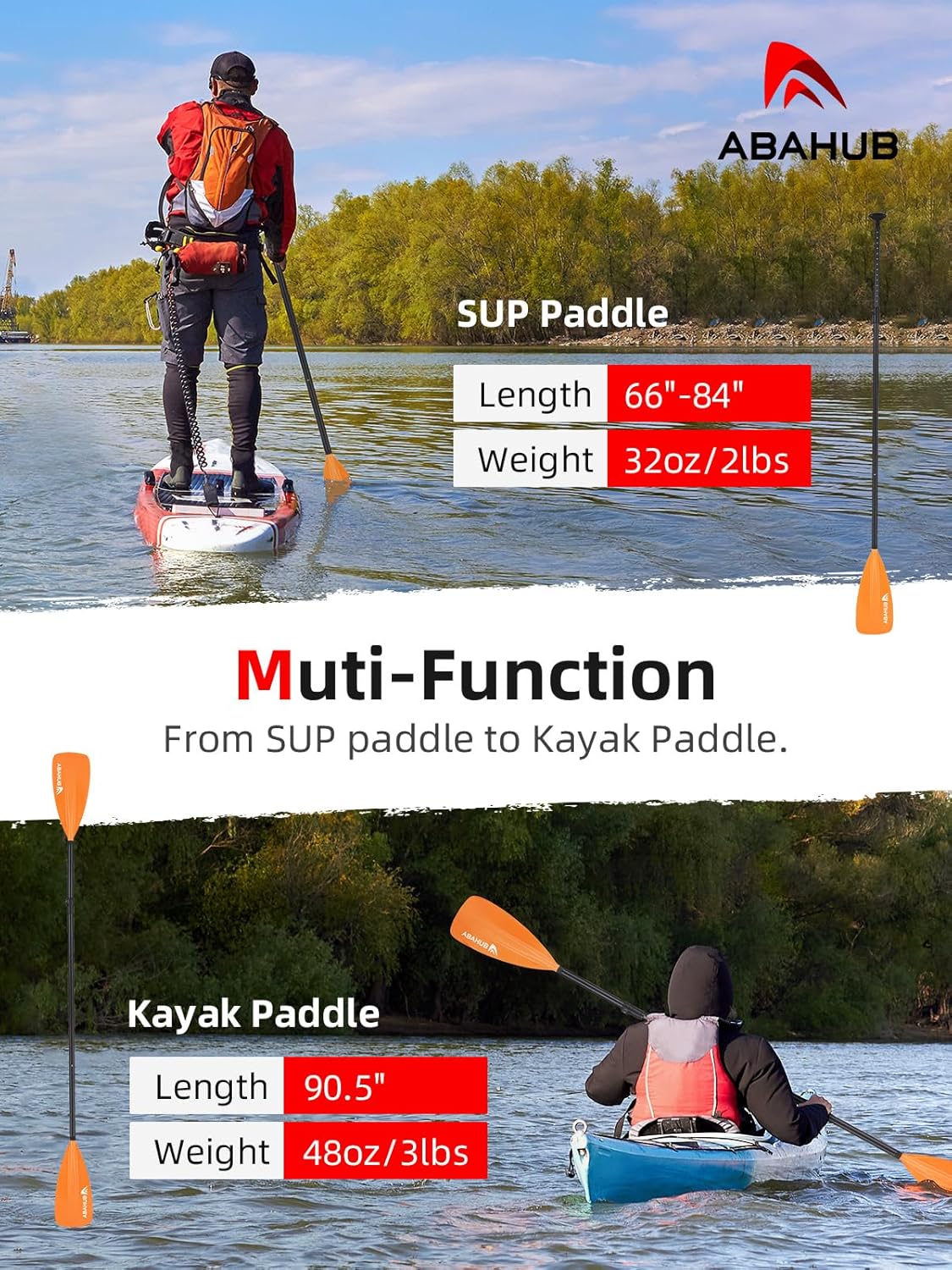 Detalle de Abahub 2 in 1 SUP/Kajak Paddel aus Aluminium – verstellbar, anti-twist und reisefreundlich