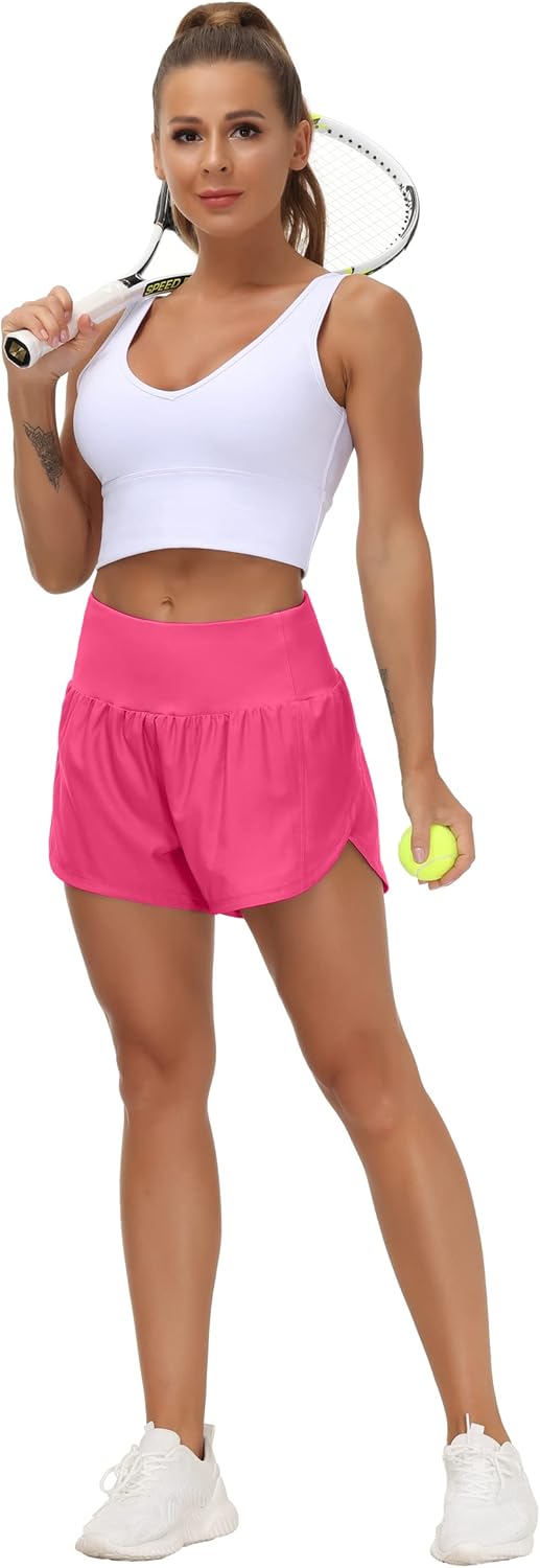 Detalle 2 de THE GYM PEOPLE Women's High Waisted Running Shorts with Mesh Liner and Zipper Pockets