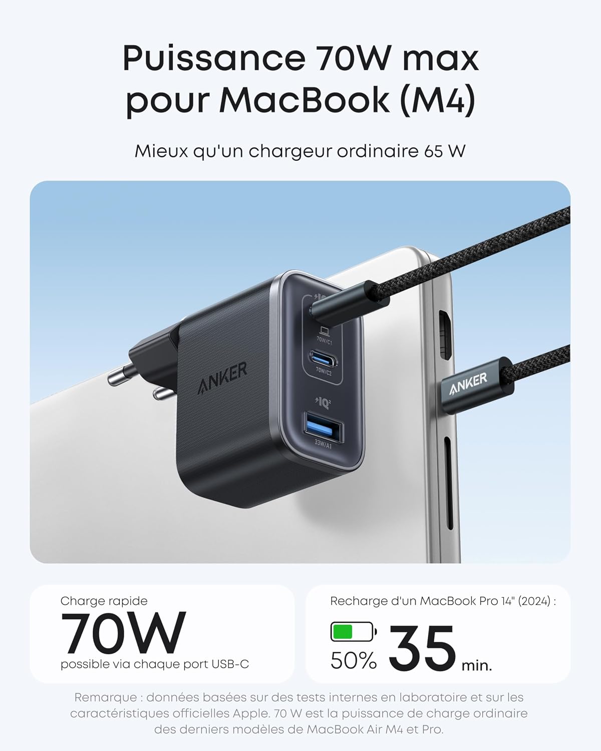 Thumbnail 1 de Anker Nano Chargeur USB-C 70W à 3 Ports — Charge rapide et compact avec câble inclus