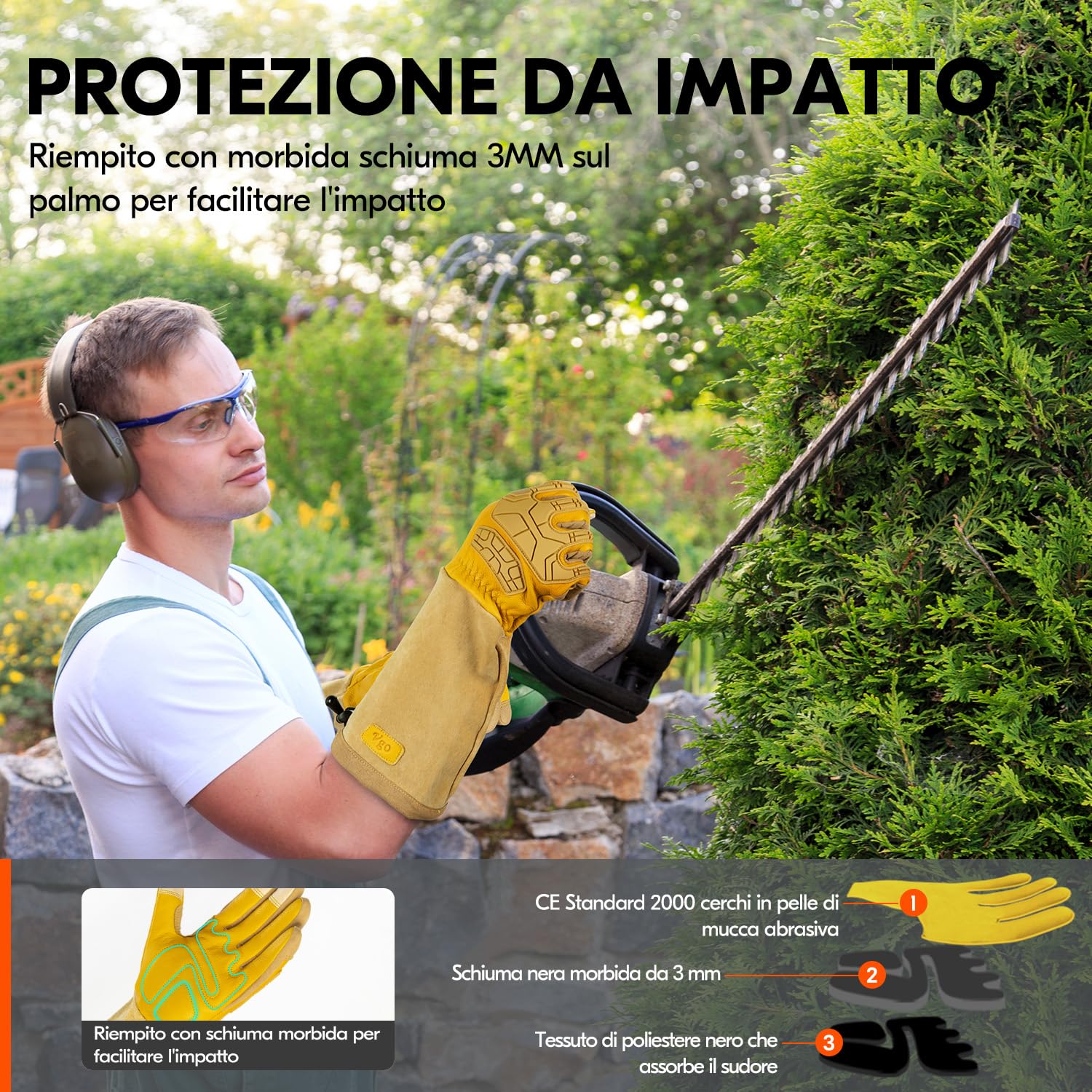 Detalle 2 de Vgo... Guanti da giardinaggio lunghi in pelle antispine, antiperforazione e antivibranti (1 paio)