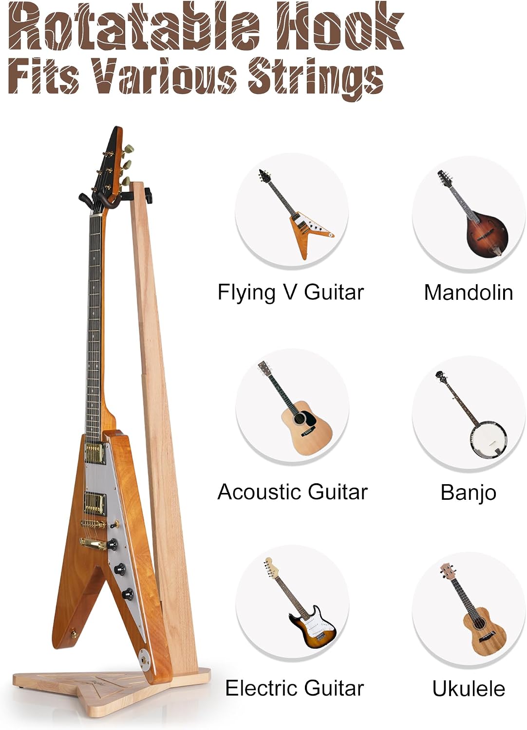 Thumbnail 4 de Musbeat Red Oak Wood Guitar Stand, 360° Rotating Yoke, Felt Padding