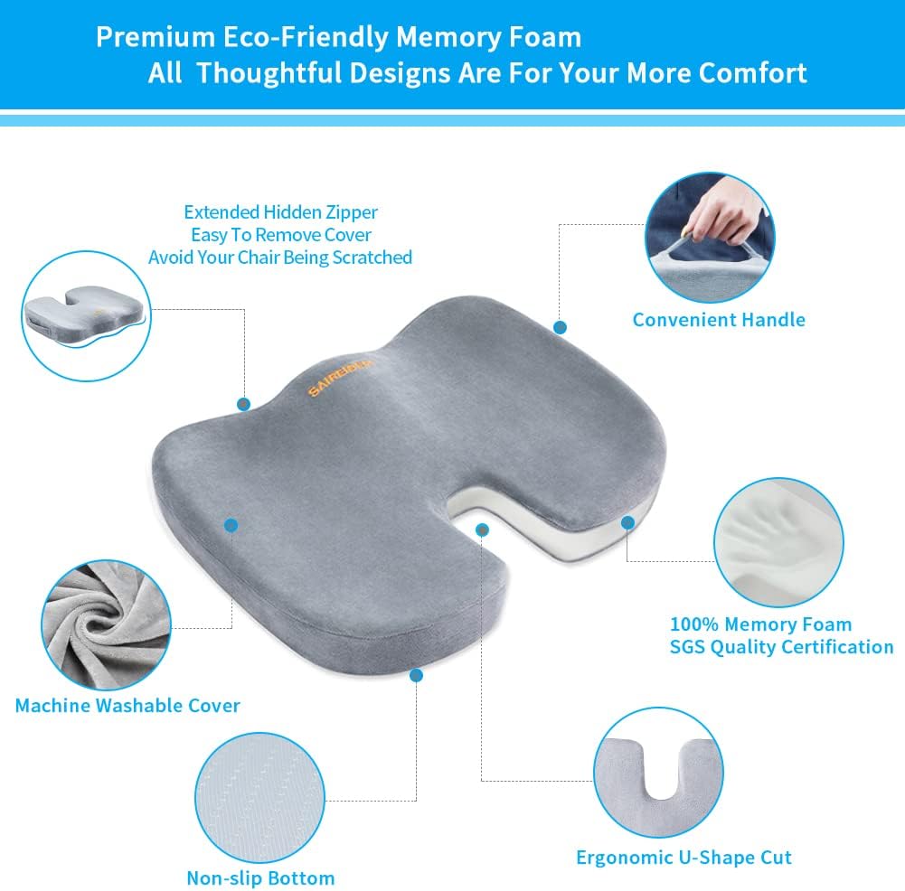 Detalle de SAIREIDER SC-G0402 Memory Foam Seat Cushion with U-Shaped Coccyx Cutout