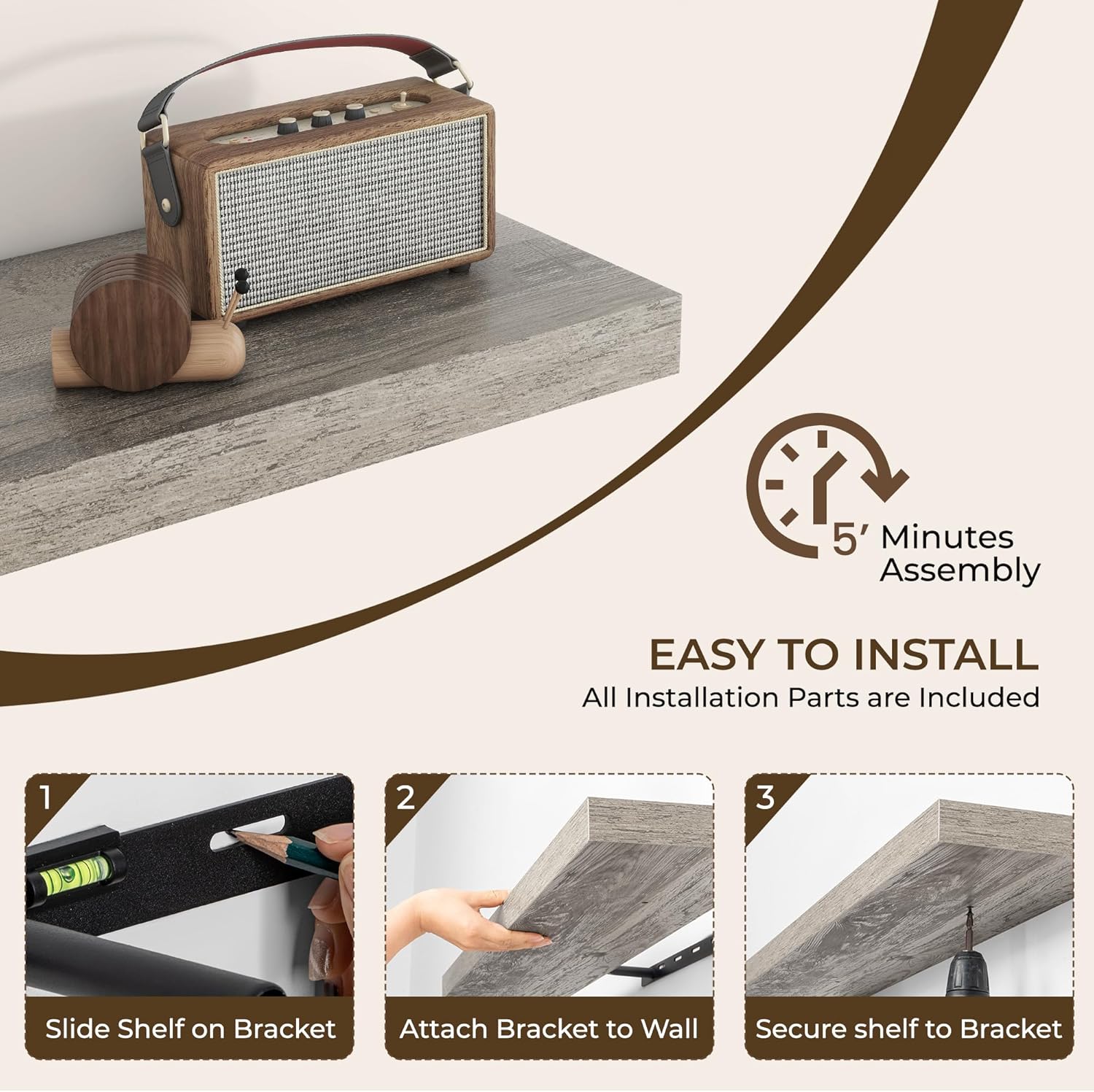Thumbnail 4 de RICHFOCUS 36Inch Floating Shelves (2-Pack) with Invisible Brackets, Grey