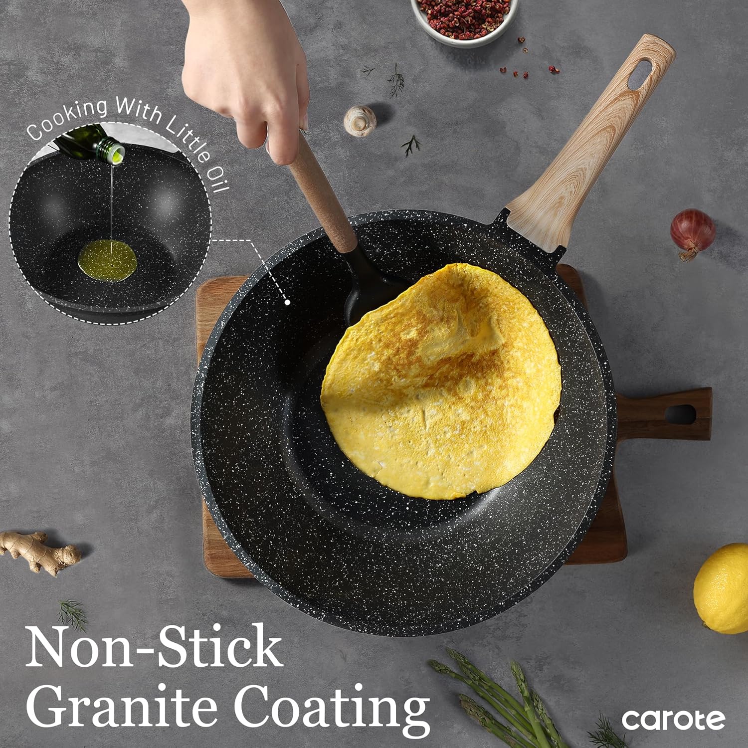 Detalle de CAROTE Non Stick Wok with Lid 12''/5.3QT Woks & Stir-Fry Pan