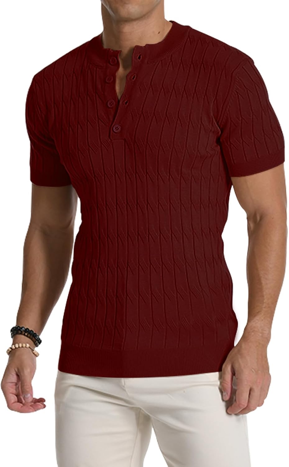 Thumbnail 1 de MLANM Men's Knitted Henley T-Shirt Polo – Short Sleeve, Slim Fit, Lightweight Summer Comfort