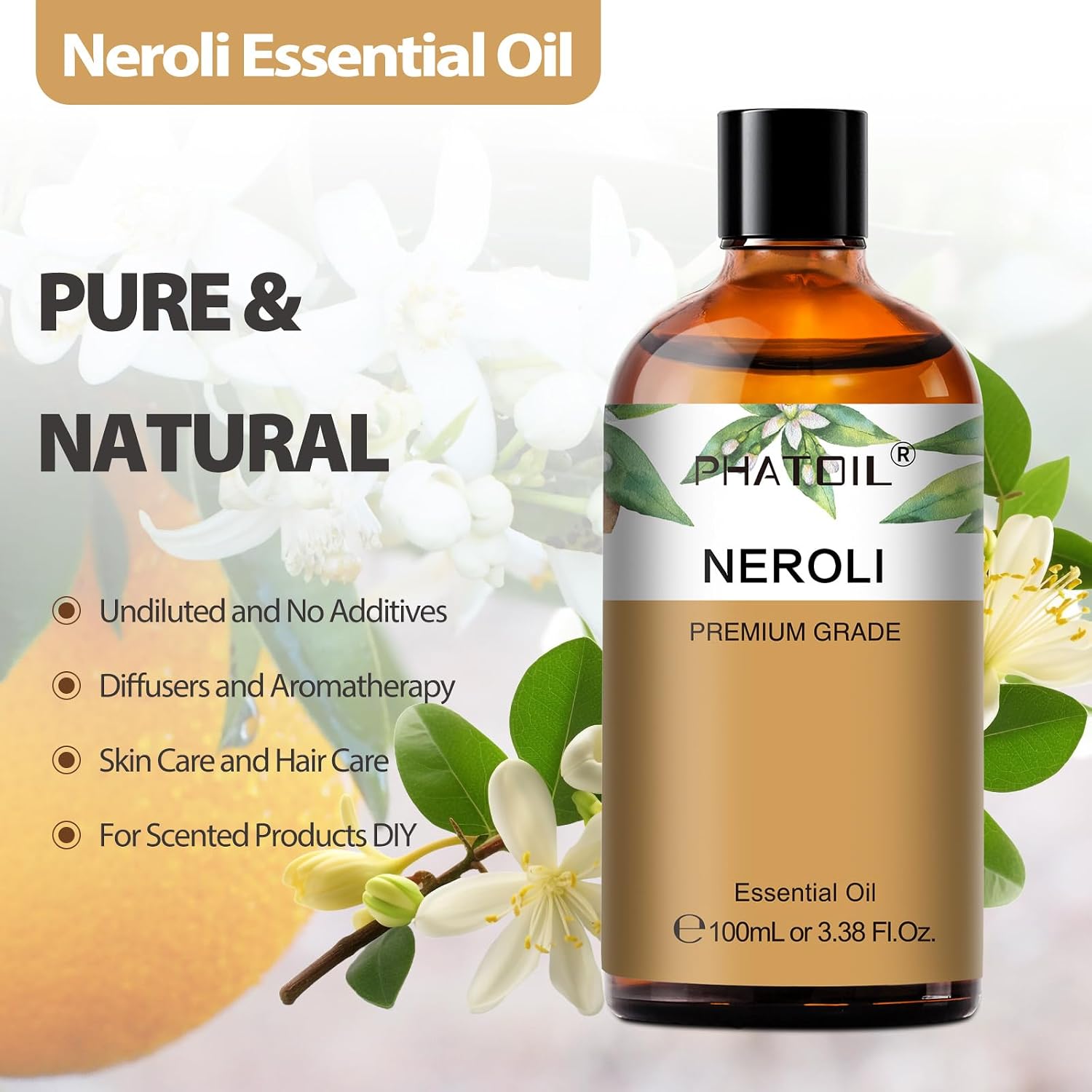 Thumbnail 1 de PHATOIL Neroli Essential Oil – Pure Aromatherapy Oil for Natural Skin Care, Home Freshening, and DIY Projects (3.38 Fl Oz)