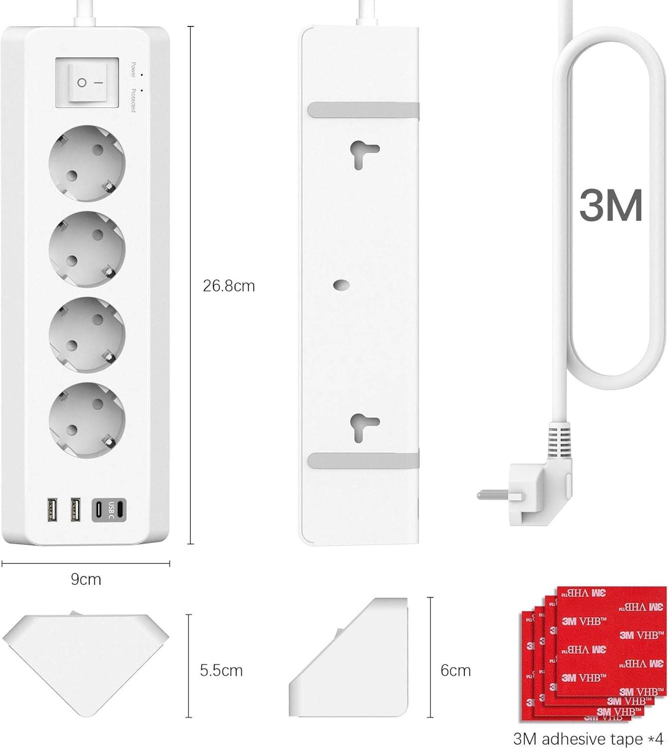 Detalle de 4 Fach Steckdosenleiste mit USB C – Ecksteckdose mit Schalter, 3 m Kabel