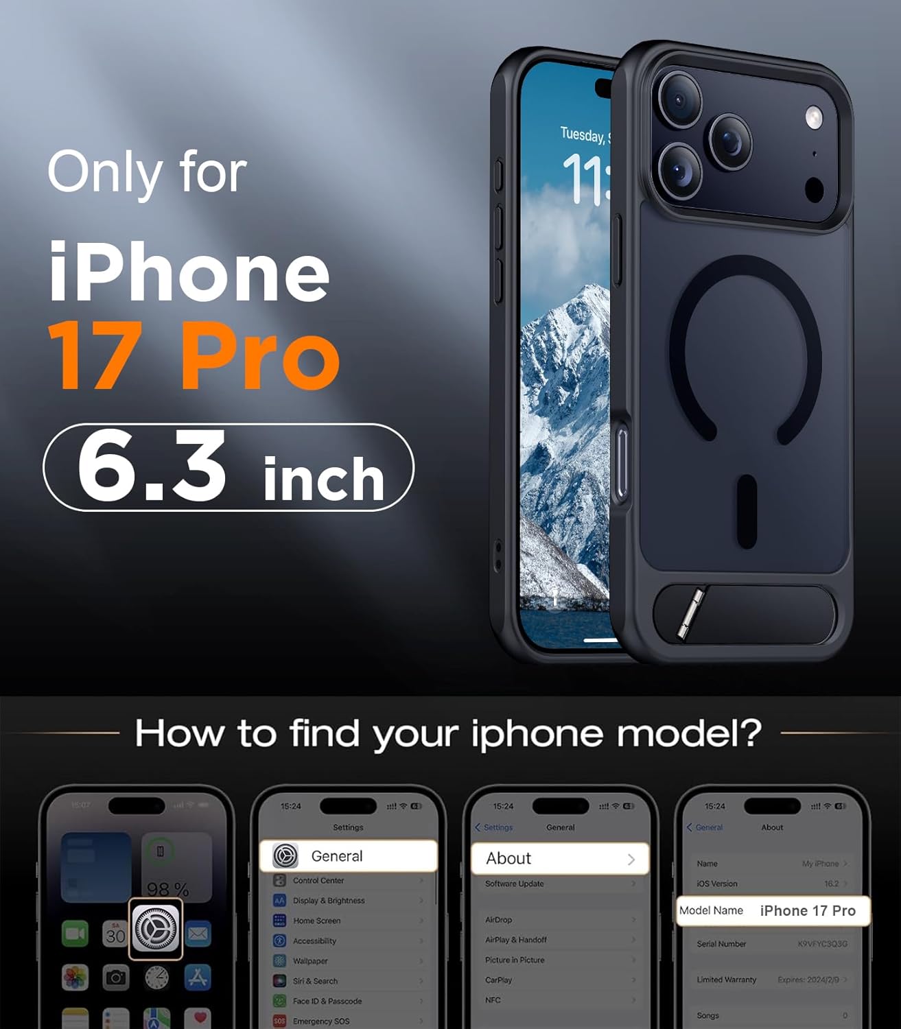 Thumbnail 1 de Temdan Designed for iPhone 17 Pro Case (6.3 in) with Built-in Invisible Kickstand, MagSafe Compatibility, Military Grade Shockproof — Black