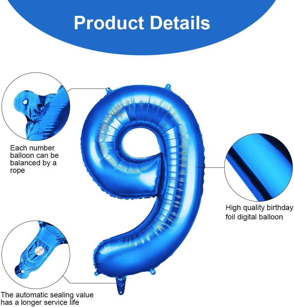 Detalle de OFFCUP Giant Number 9 Blue Foil Balloon, 101 cm Birthday Decoration