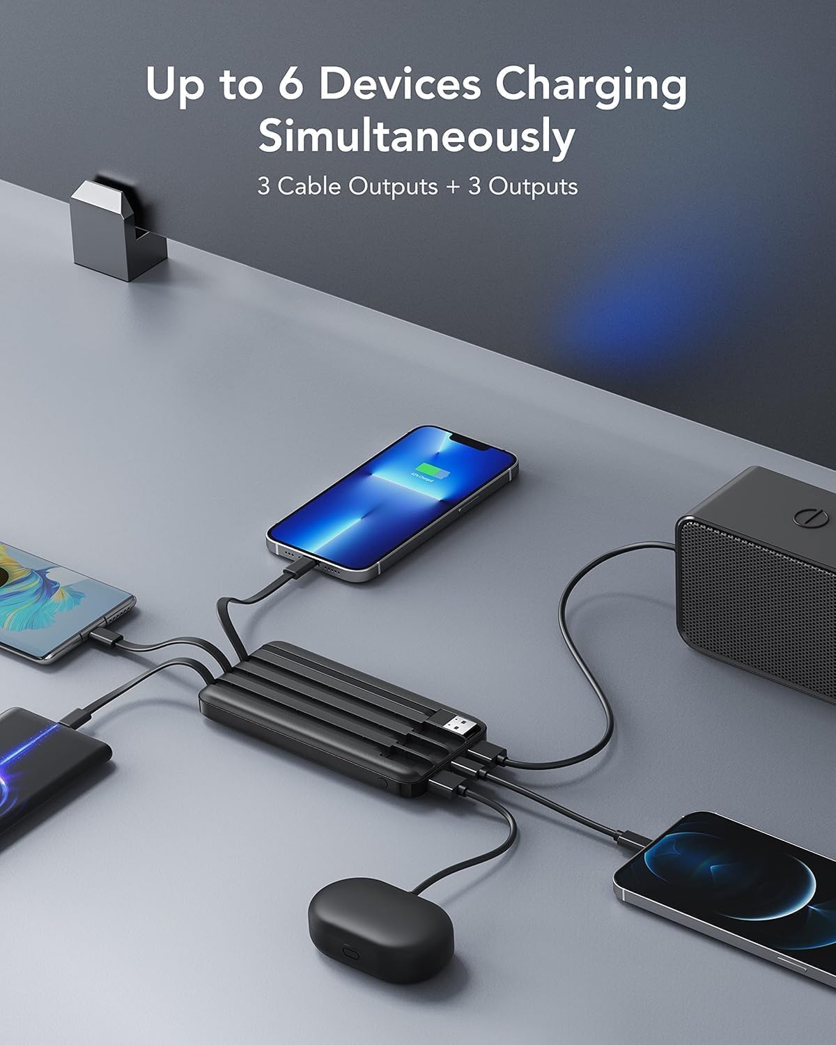 Thumbnail 2 de Charmast Power Bank with Built in Cables X 4, 10000mAh – 6 Outputs, LED Display, USB-C/Micro USB/iPhone Adapters