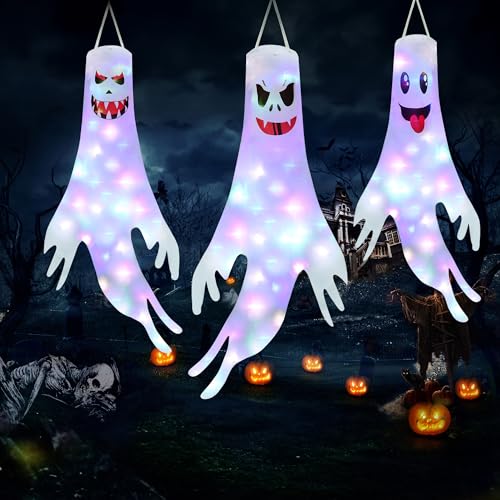 Detalle de Moxled Halloween-Geister-Windsäcke, 3er-Set, 120 cm mit bunten LED-Lichtern