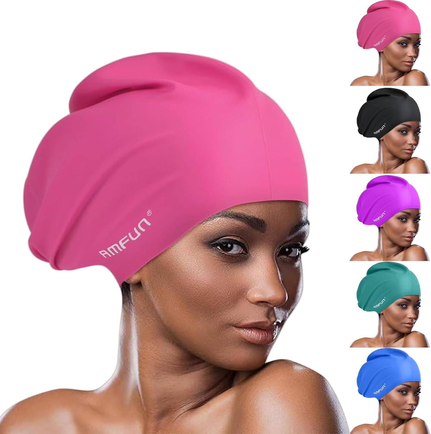 AMFUN Silicone Cover Ears Swimming Caps for Long Hair (Adult Unisex)