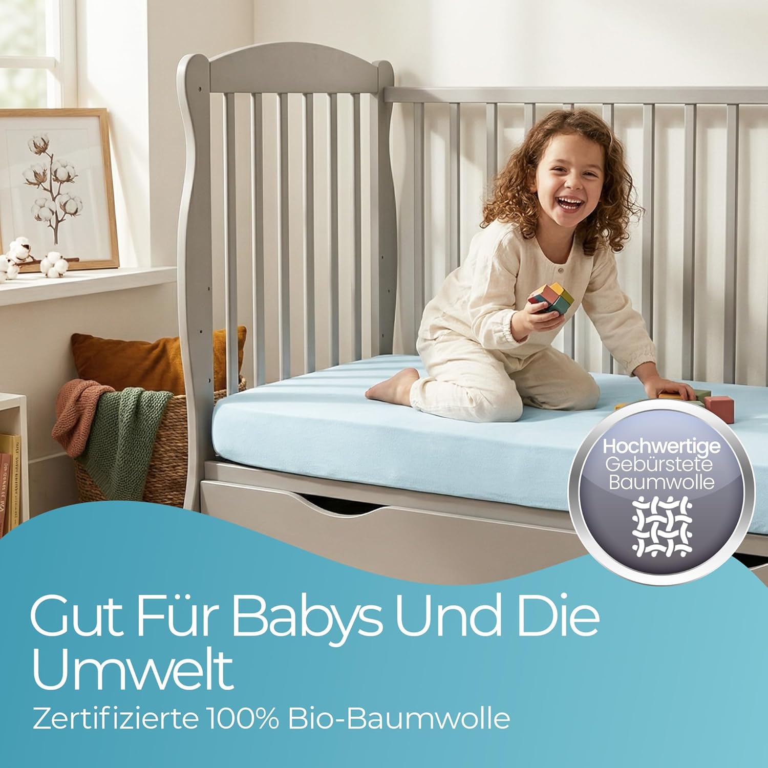 Thumbnail 3 de Spannbettlaken 60x120 Baby – 2er-Set aus 100% Bio-Baumwolle, blau, komplettnatürlich