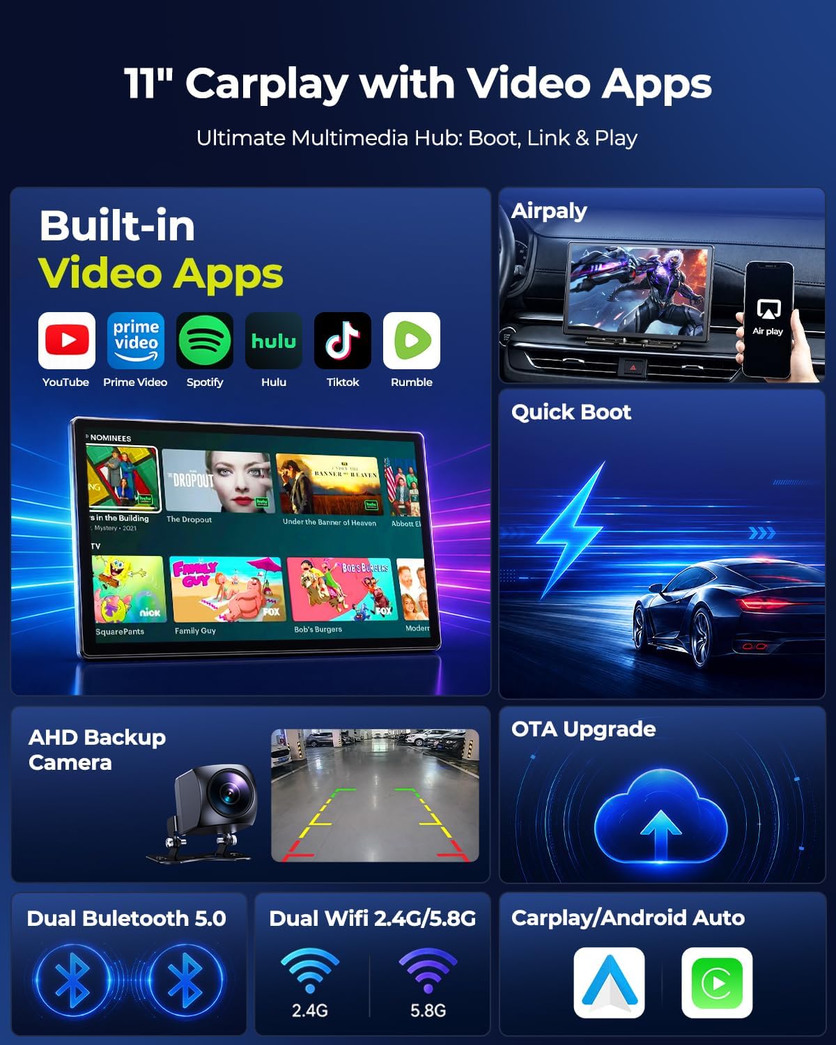 Thumbnail 1 de LAMTTO 11-Inch Wireless CarPlay Screen for Cars with YouTube & TikTok – All-in-One Entertainment and Navigation