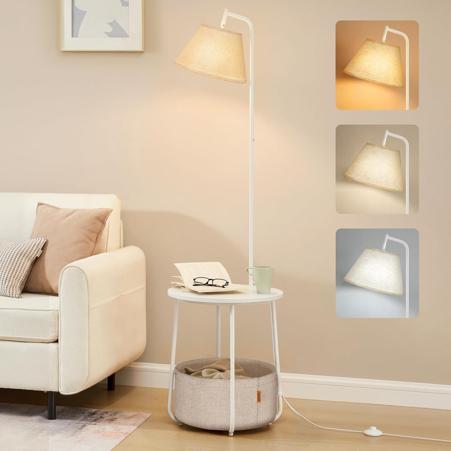 Detalle de VASAGLE Beistelltisch mit Lampe 3-in-1 – Tisch, Lampe und Aufbewahrungskorb, mattweiß LFL004WC04