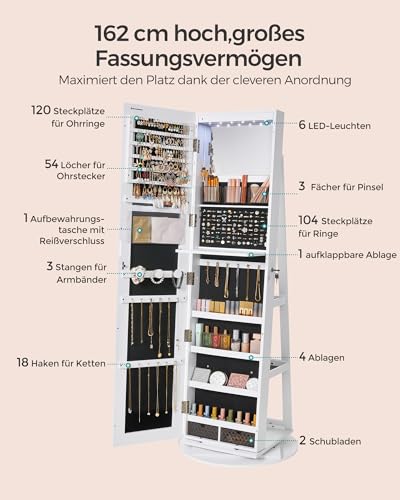 Thumbnail 4 de SONGMICS Schmuckschrank JJC007W01: rahmenloser Ganzkörperspiegel, abschließbar, 360° drehbar
