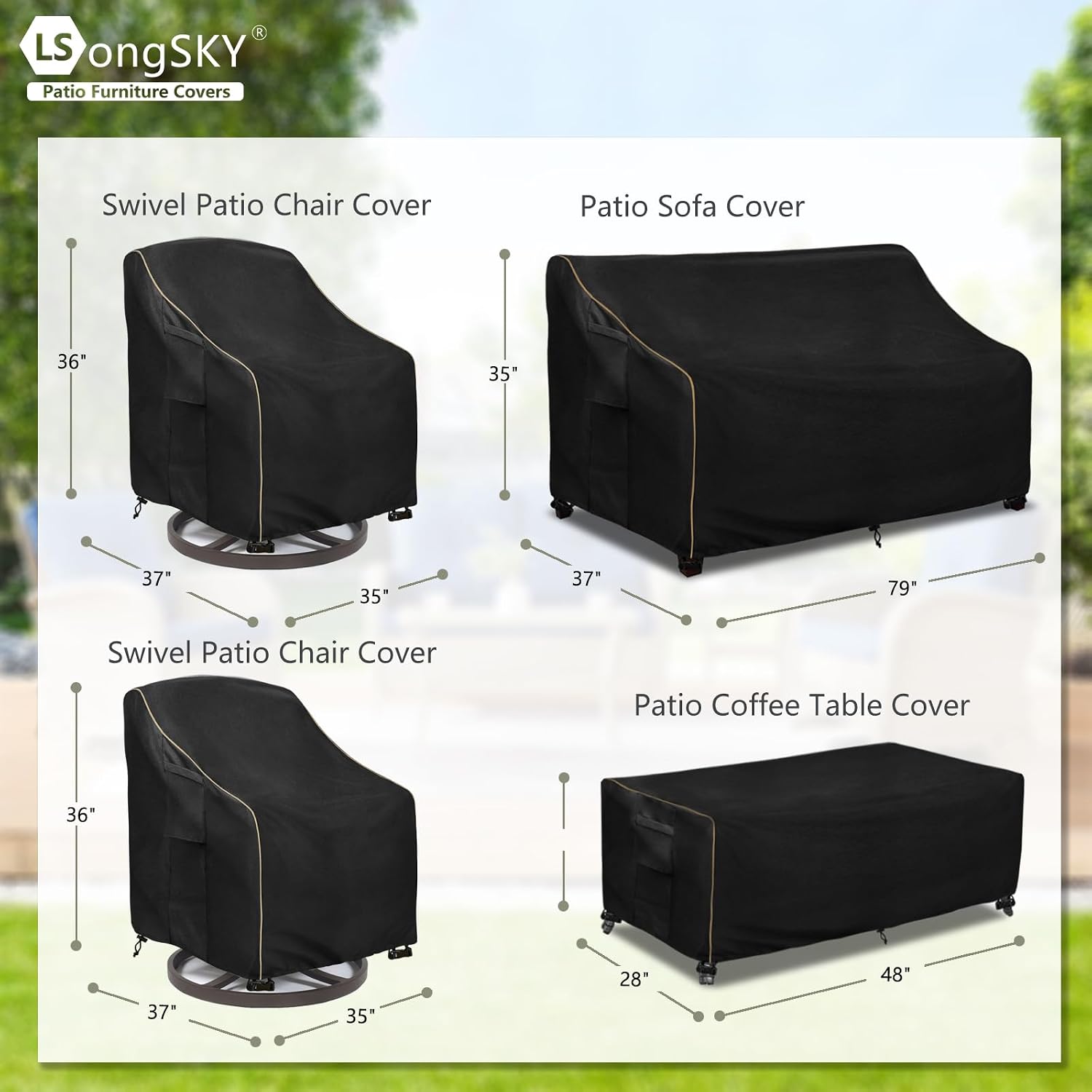 Detalle 2 de LSongSKY Black-4 Piece Set X-Large Patio Furniture Covers, 600D Oxford