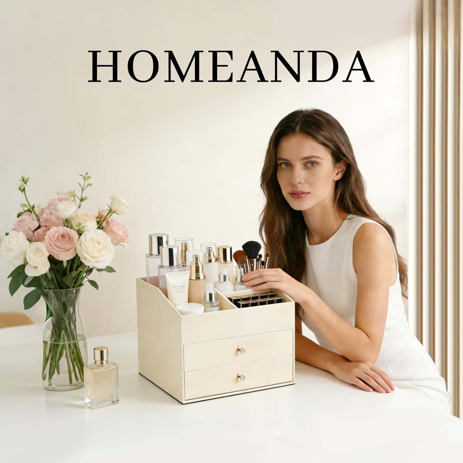 Thumbnail 1 de Homeanda Faux Leather Makeup Organiser with 2 Drawers (Beige, 25x18x21.5cm)