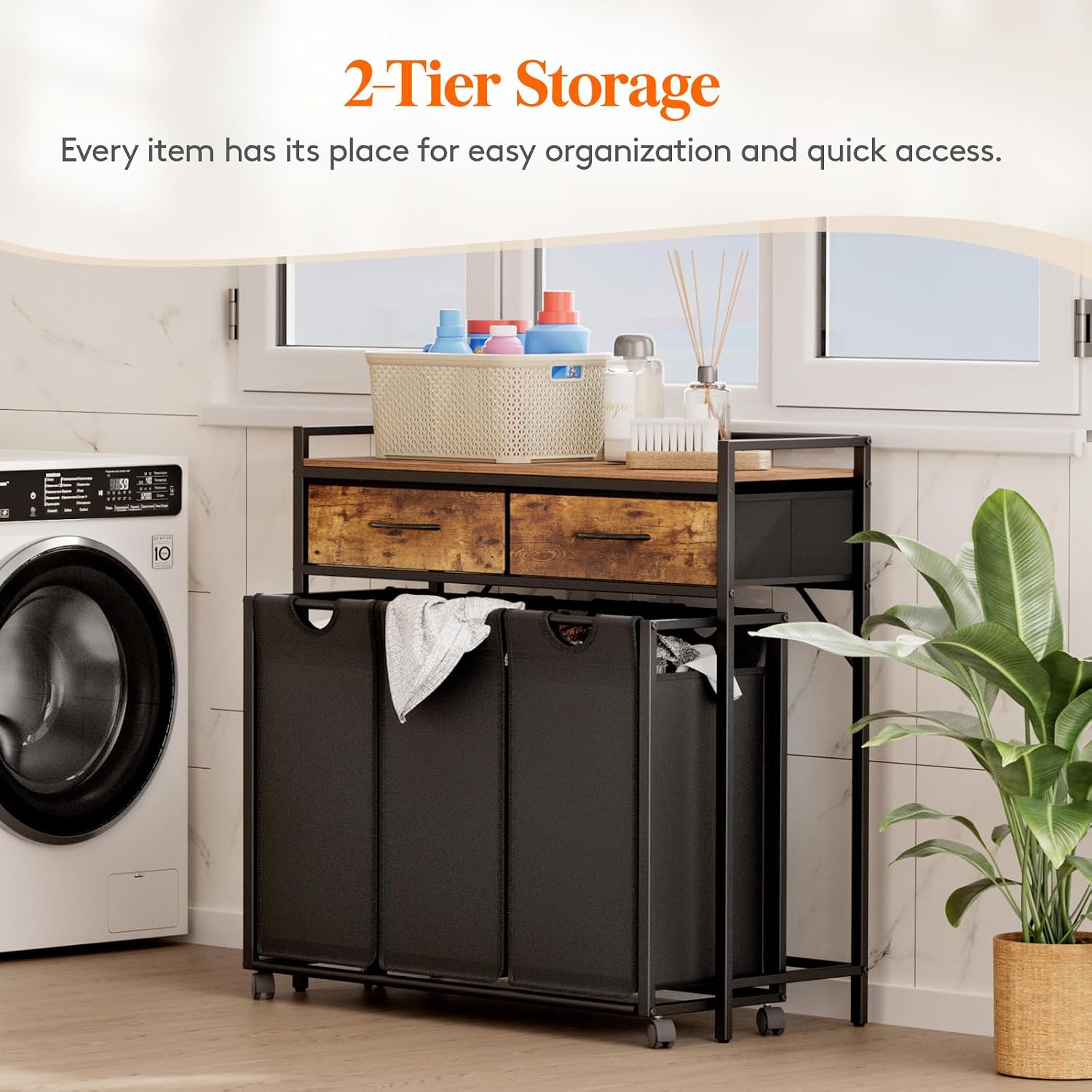 Detalle 2 de Lifewit 24361 3-Section Rolling Laundry Hamper with Shelf and 2 Drawers