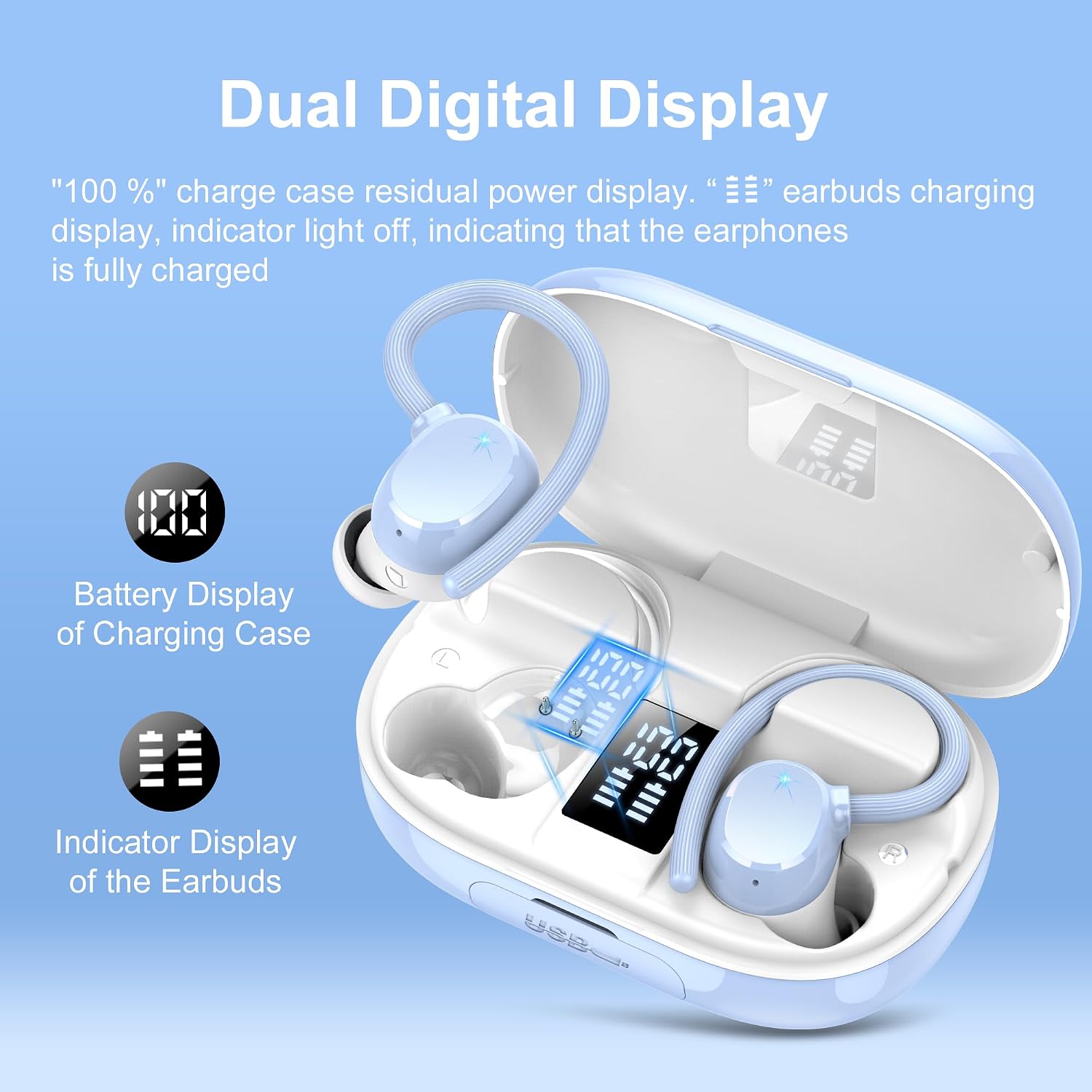 Detalle de Lekaby Q22 Bluetooth-Sportkopfhörer mit LED-Anzeige und 128 Stunden Wiedergabe