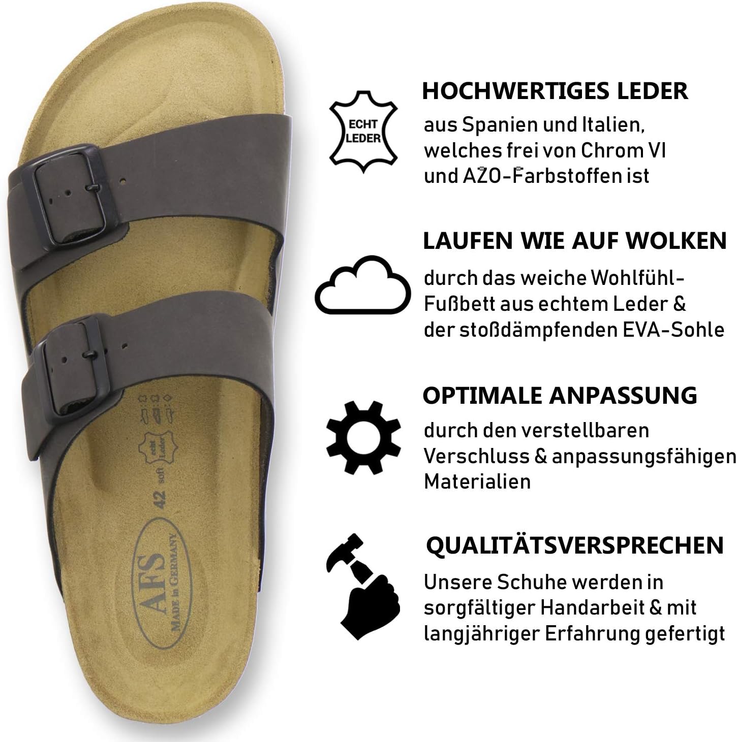Thumbnail 2 de AFS Herren-Pantoletten aus Leder mit verstellbarer Schnalle – bequem für Alltag, Arbeit & Zuhause (Größe 36–50, Made in Germany)