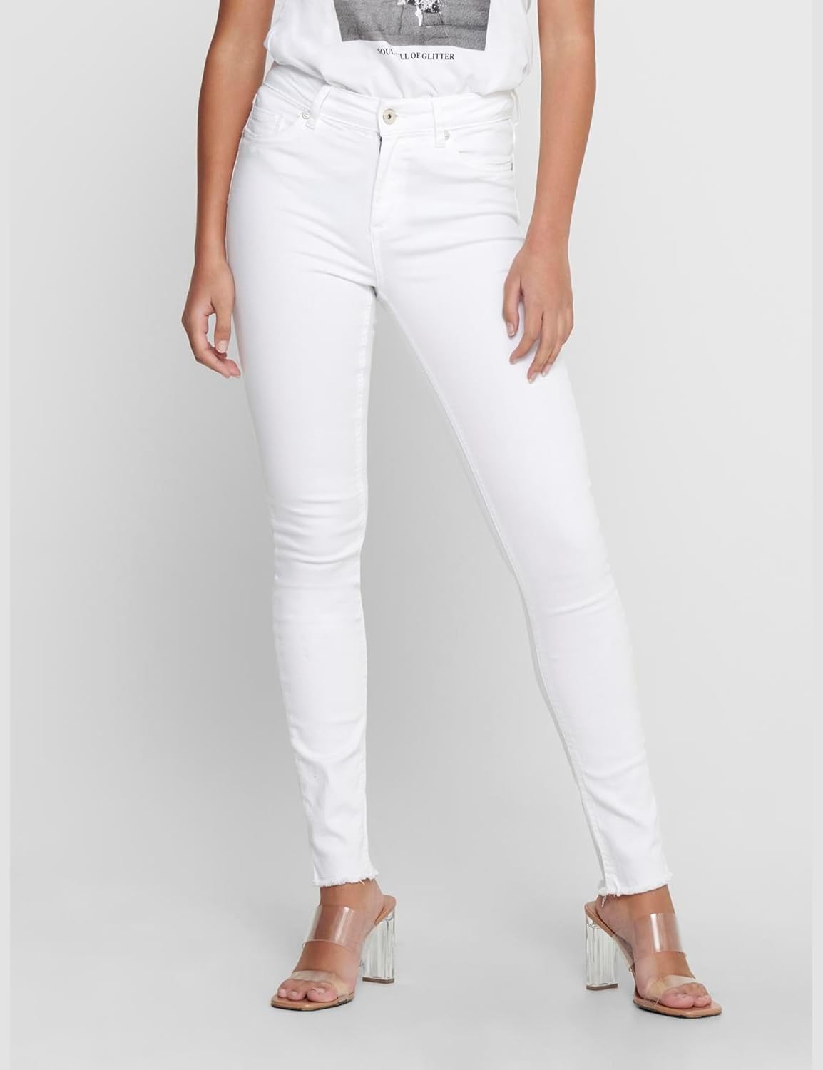 Detalle de ONLY Damen Skinny Fit Jeans, Mid Waist – Weiß, Größe L/32L (ONLBLUSH Life Röhrenjeans)
