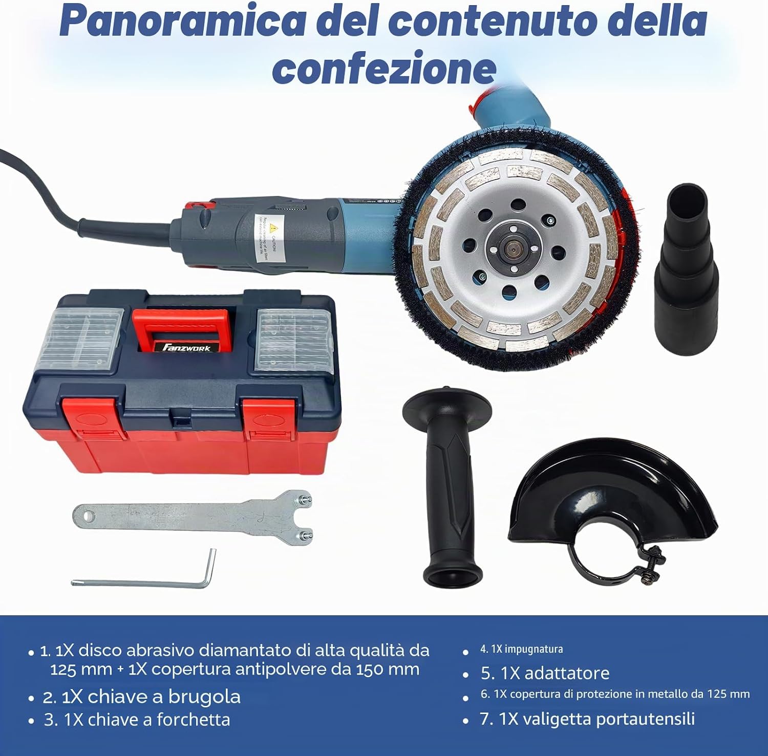 Thumbnail 5 de FANZWORK 1900W (MAX) Smerigliatrice per calcestruzzo con motore brushless EC – 125 mm, cuffia aspirazione e valigetta