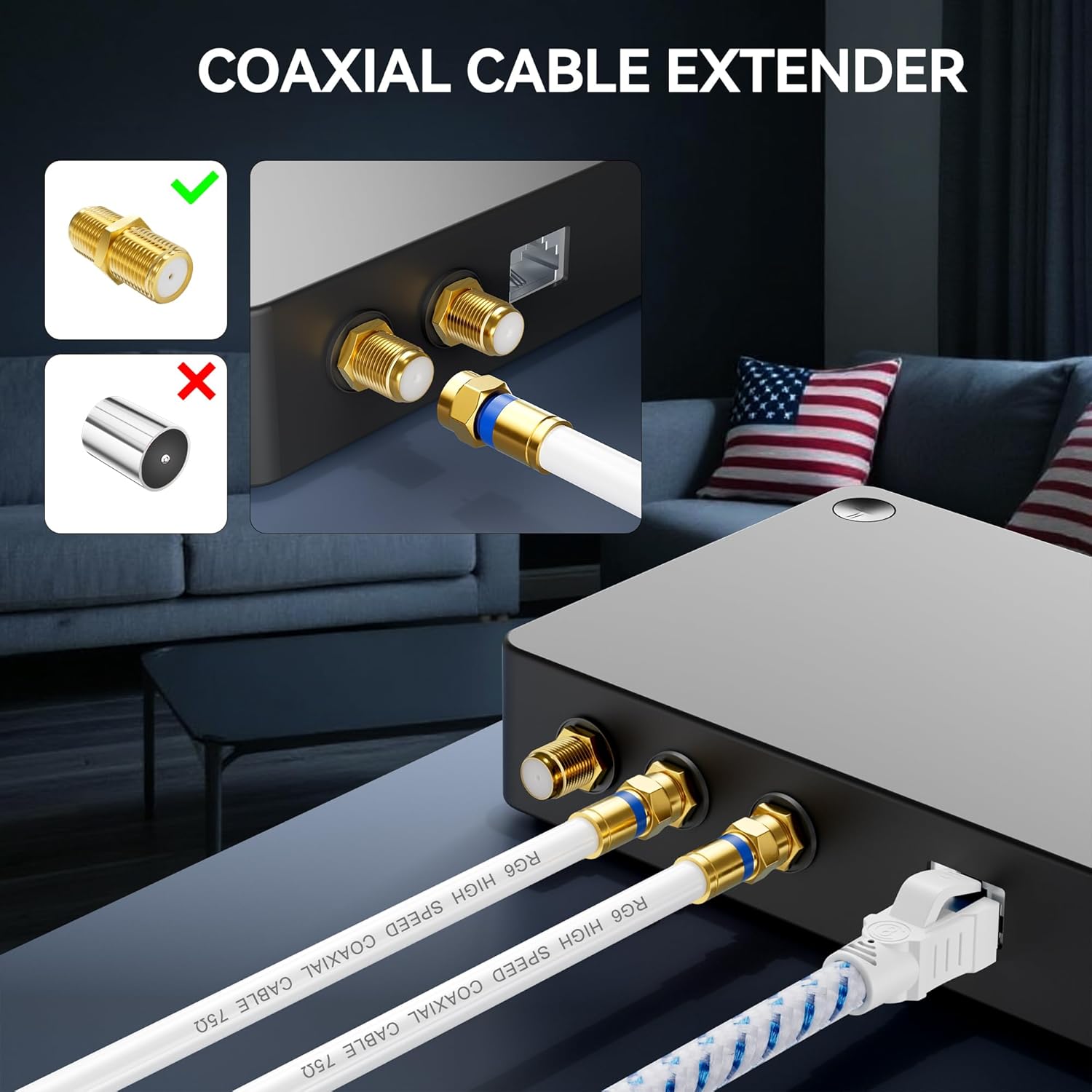 Detalle 2 de RG6 Coaxial Cable with Gold-F-Type Connectors (White) – Multiple Lengths for HDTV, Internet & Satellite