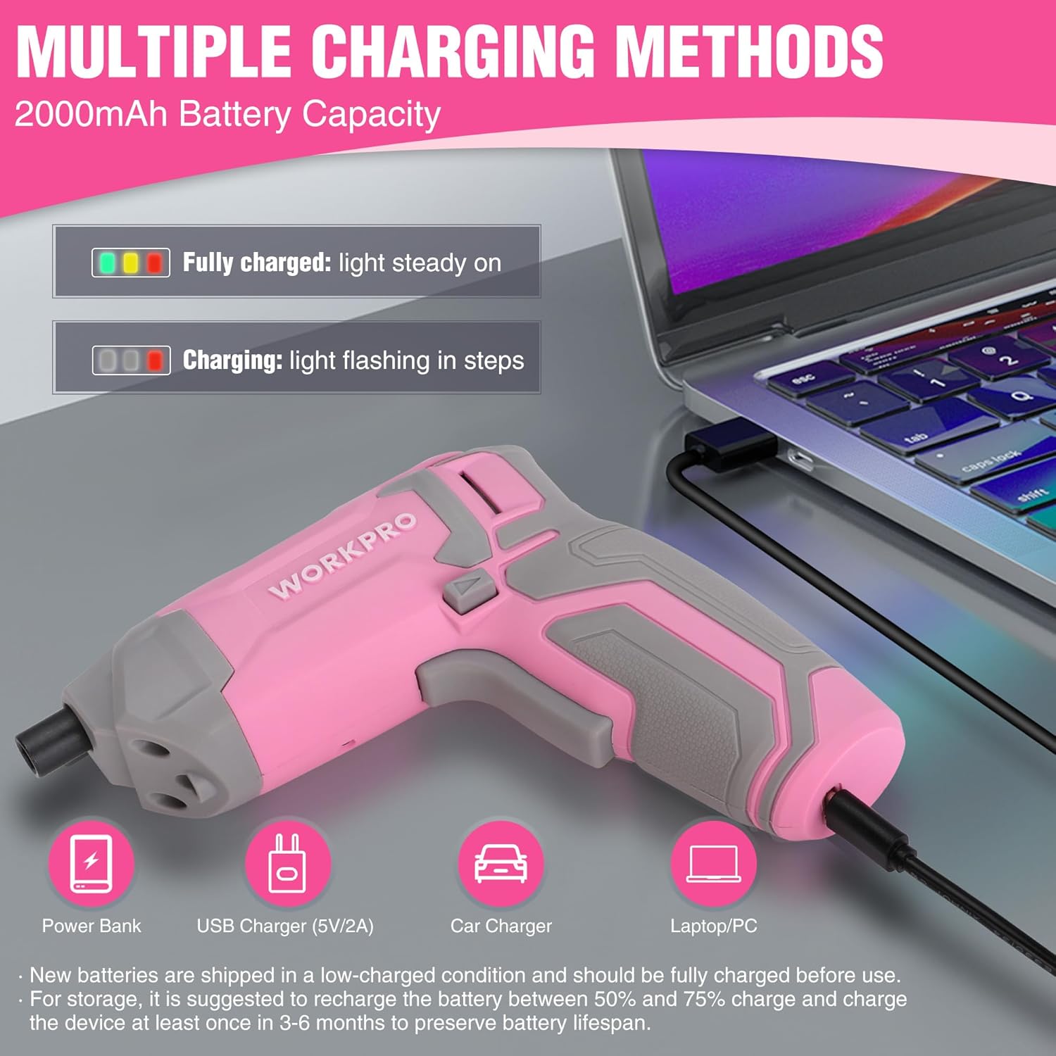 Detalle de WORKPRO Avvitatore elettrico da 3,6 V con 7 Nm, LED e ricarica USB (rosa)