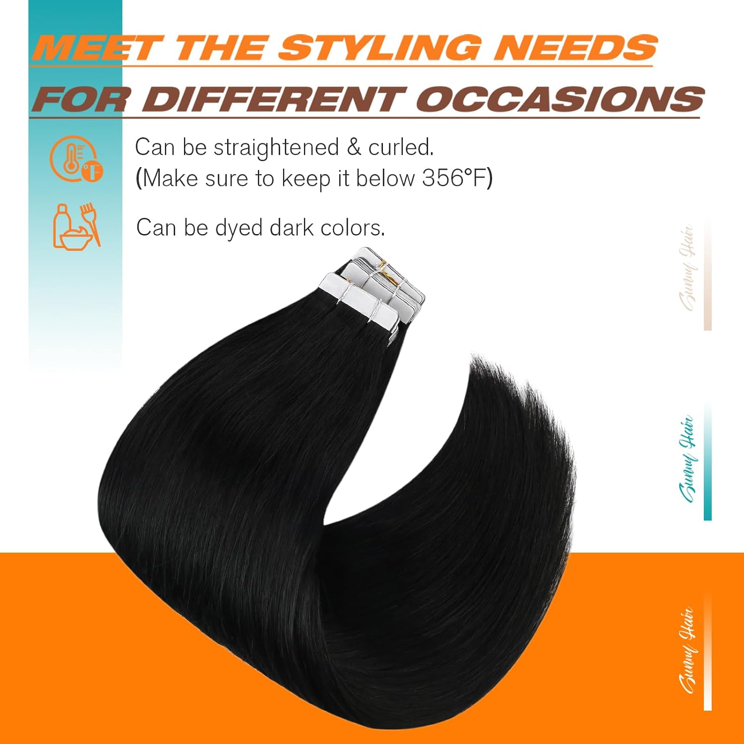 Detalle de Sunny Hair Tape-In Hair Extensions — Real Remy Human Hair, 28-inch, Jet Black (20 Pieces, 50g)