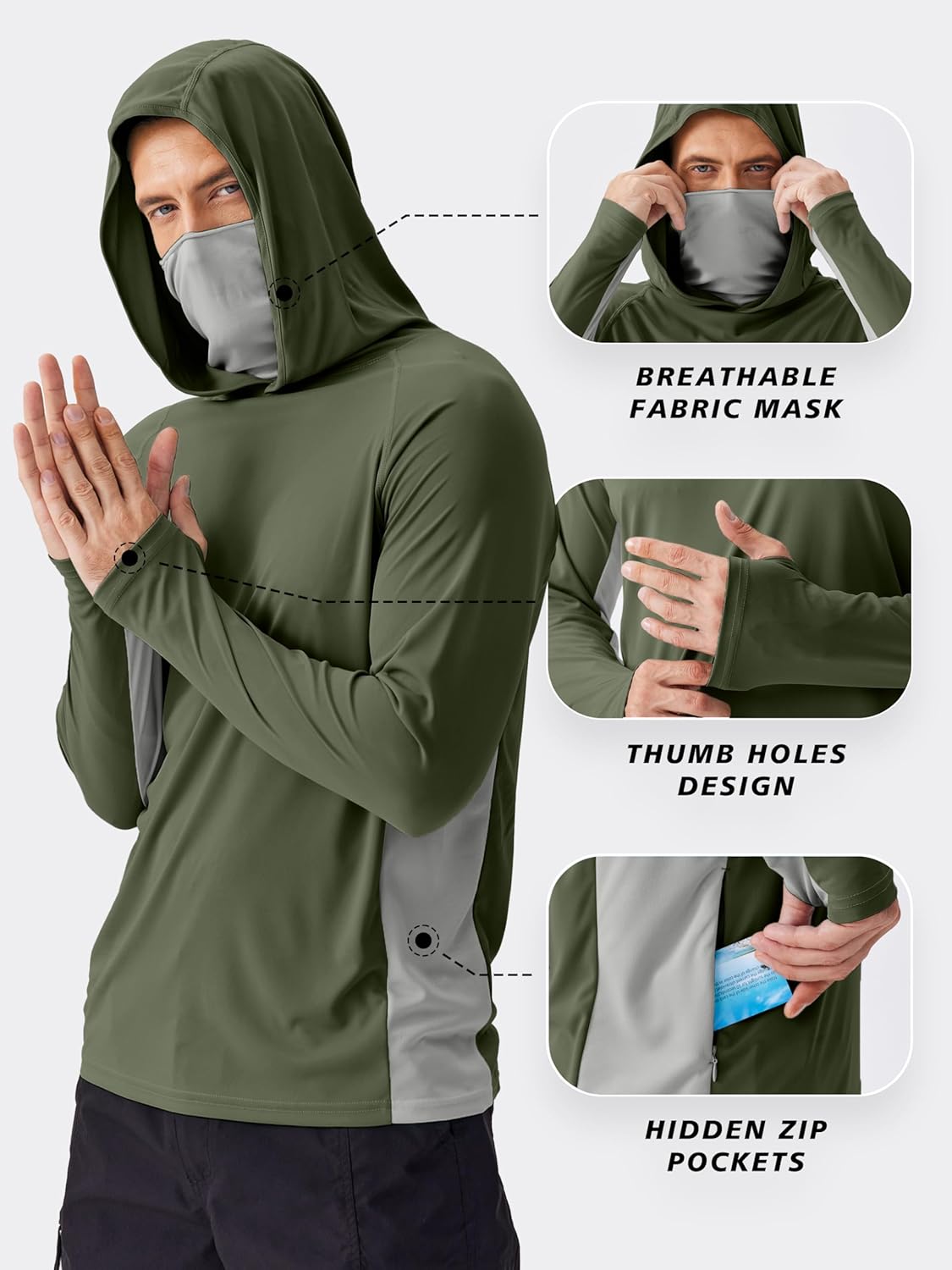 Thumbnail 3 de PINSPARK Men’s Sun Protection Hoodie with Mask UPF 50+ Long Sleeve Rash Guard Shirt