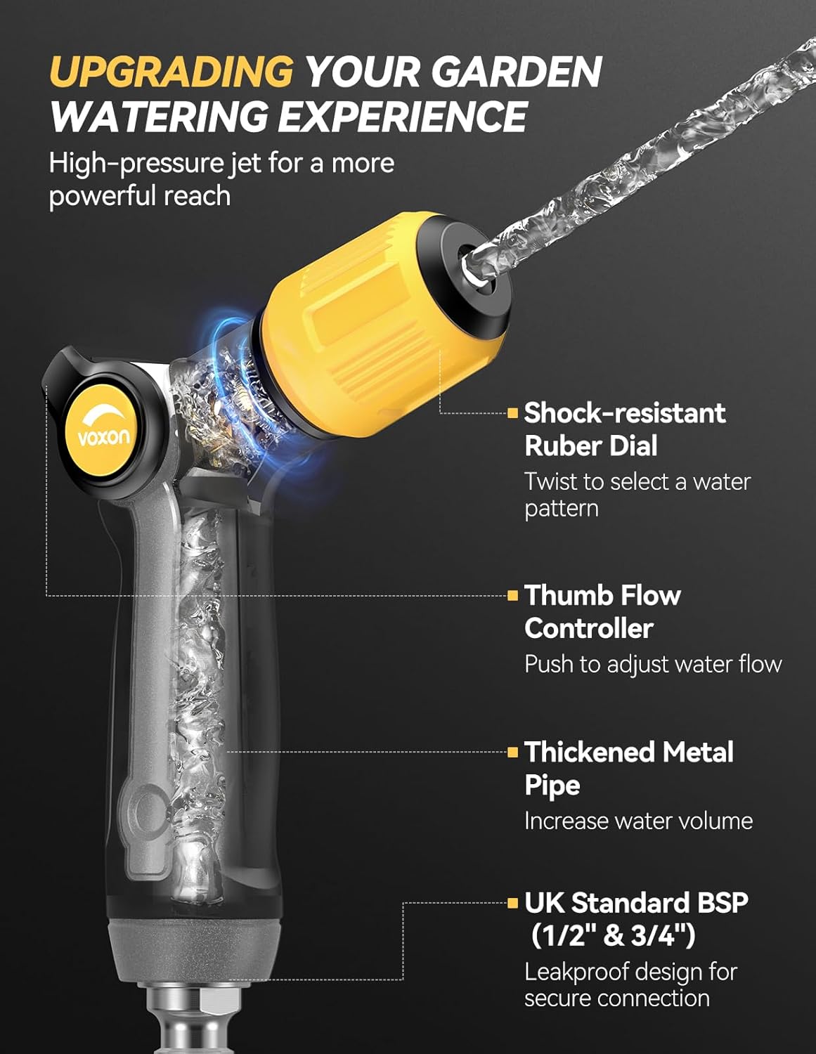 Thumbnail 2 de VOXON Metal Hose Pipe Spray Gun: Heavy‑Duty UK 3‑Pattern Sprayer with Thumb Flow Control