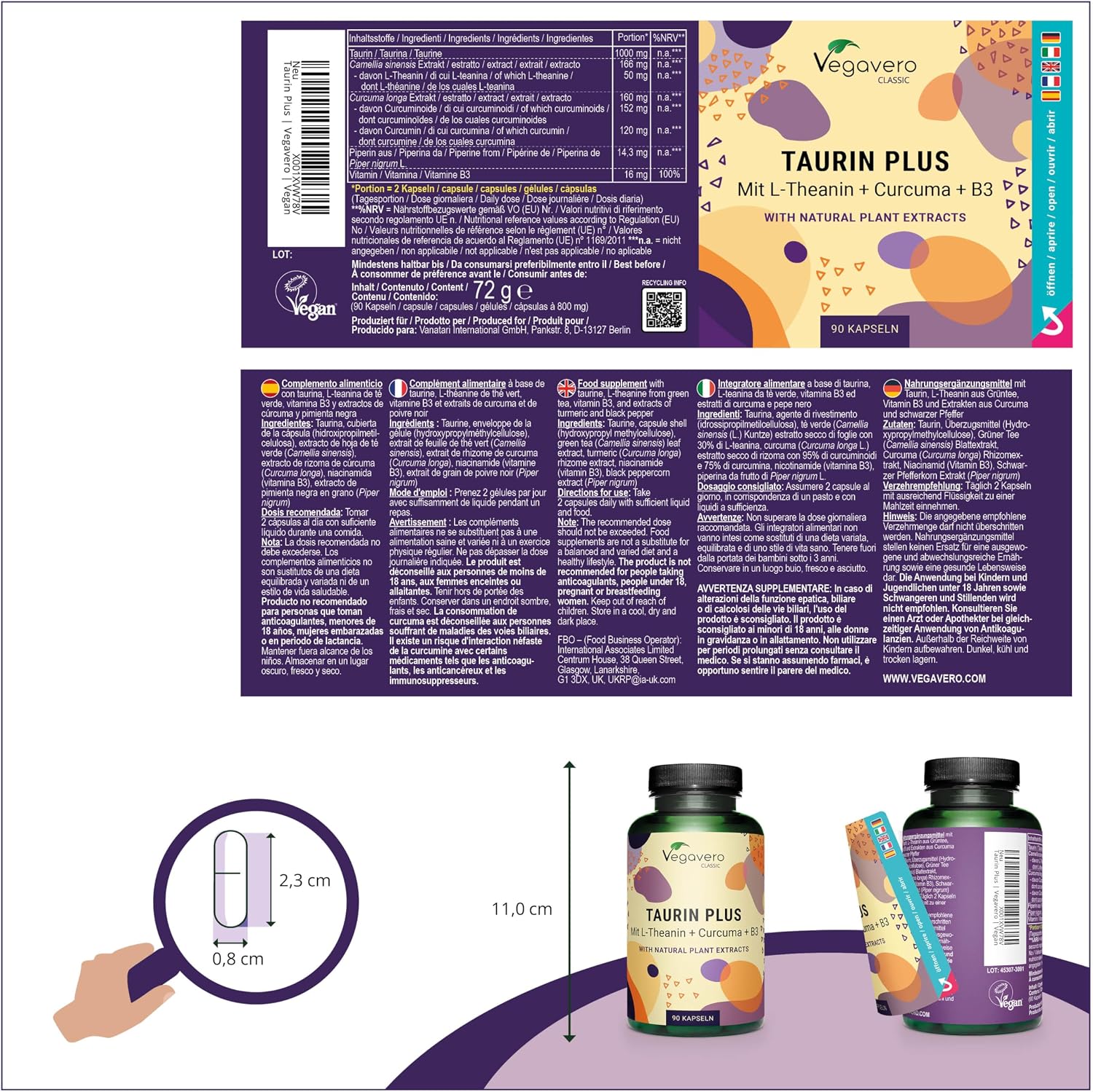 Detalle 2 de Vegavero Taurina 1000 mg | Integratore sportivo Pre e Post-Workout con curcuma, tè verde e L-teanina