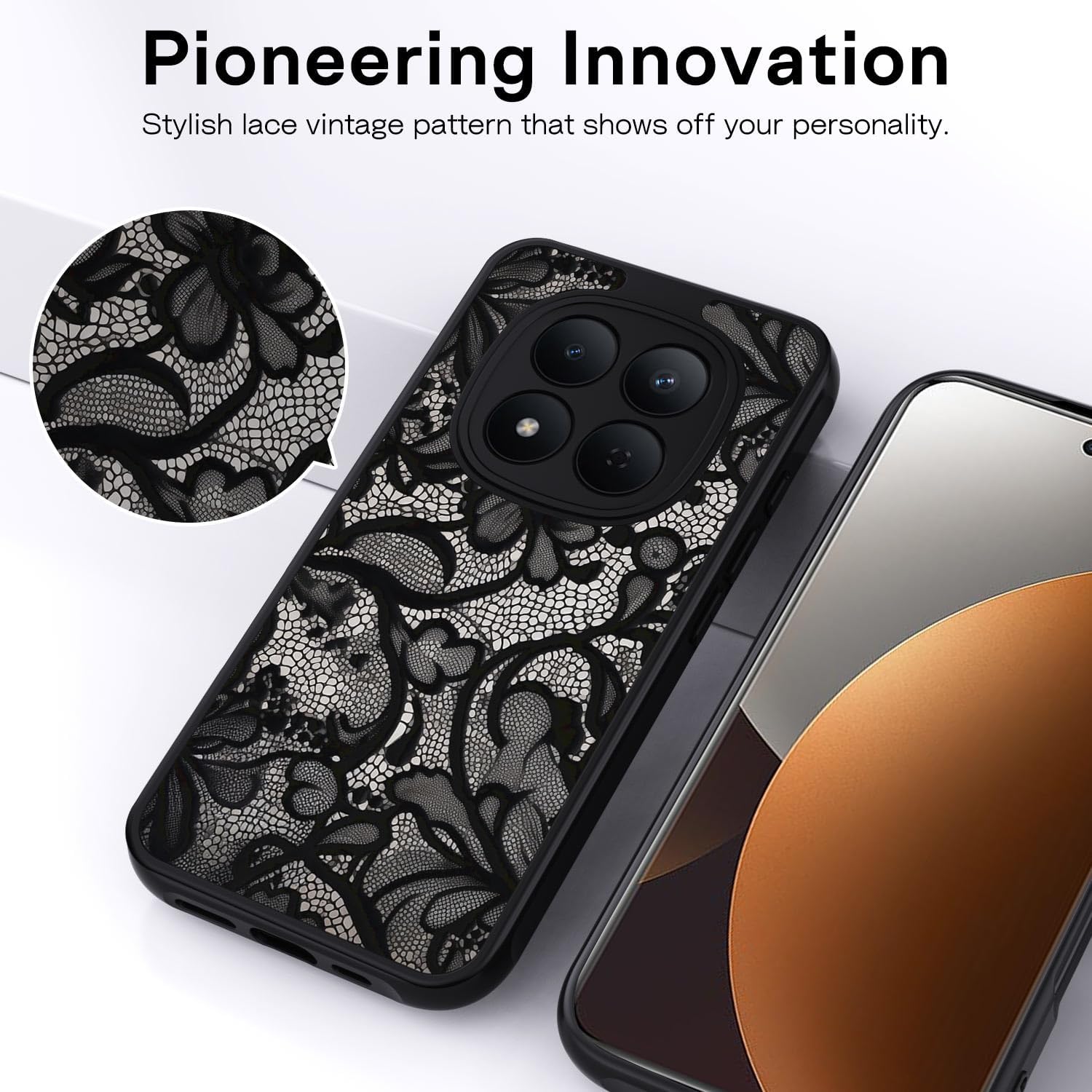 Thumbnail 2 de Coque XTCASE pour Xiaomi Redmi Note 15 Pro Plus 5G – Motif vintage en dentelle noire, dos PC dur + bumper TPU