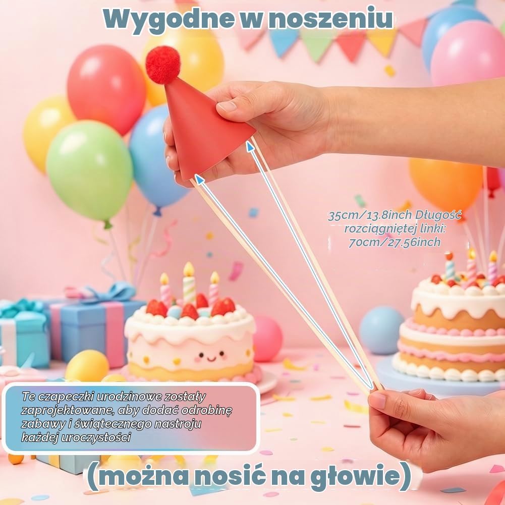 Detalle de AYBUY 12 miniaturowych czapeczek imprezowych z pomponami i regulowanym pałąkiem