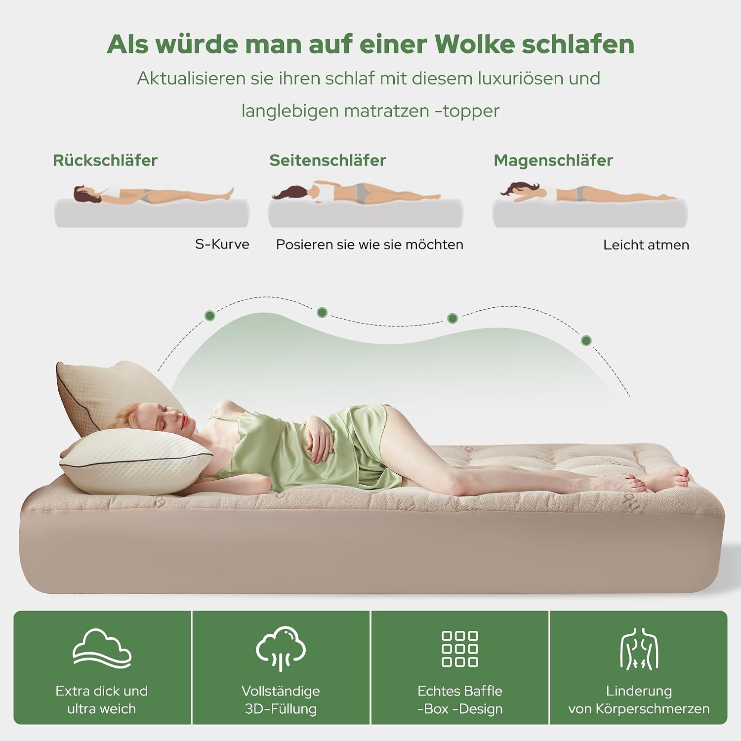 Detalle de BEDLORE Matratzentopper 160x200 cm aus Bambusfaser-Viskose – Beigefarbene Auflage mit tiefen Taschen