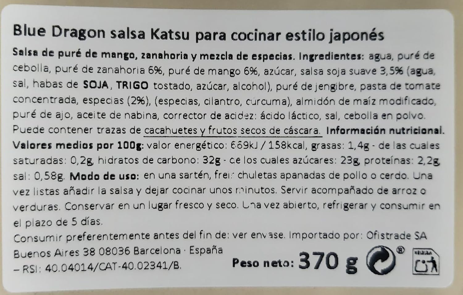 Detalle 2 de Blue Dragon - Salsa Oriental y Curry Suave con Mango y Especias 🍱